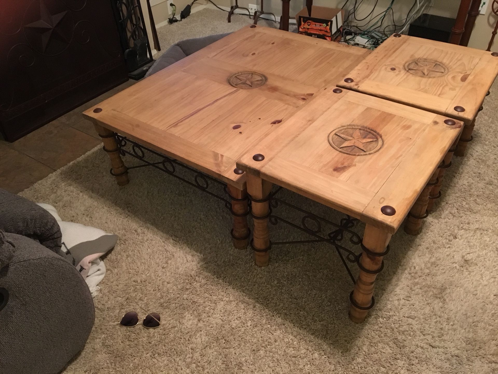 Rustic Texas star coffee table and two end tables.