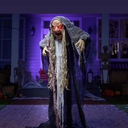Halloween Decorations Outdoor Animatronics Standing Hunchback Witch with Light Creepy Sound Decor, Radar Motion Activated 
