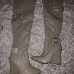 NWT JustFab Elegant Beige Knee-High Wedge Boots, Sz 6, Never Worn