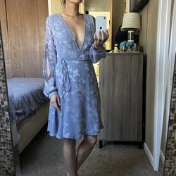Astr The Label Dusty blue floral burnout wrap dress