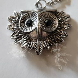 Owl Necklace Silver- Heavy W/little Fuzzy Feathers