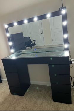 Vanity desk with LED lights glass top