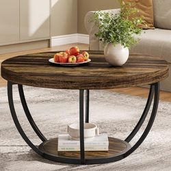  Round Coffee Table, 31.7" Wooden 2-Tier Circle Coffee Table with Storage Shelves, Modern Accent Cocktail Table Center Table for Living Room