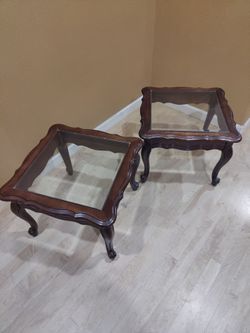 Pair solid wood and beveled glass end tables