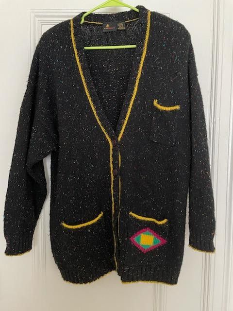 Vintage 90's 1990's Liz Sport Liz Claiborne Chunky Knit Cardigan Style ButtonUp Sweater Vest Acrylic Wool Blend Multicolor Size Medium Black Speckles