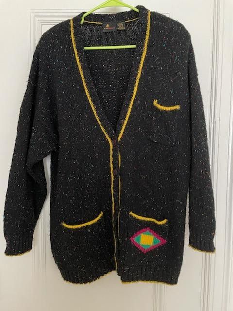 Vintage 90's 1990's Liz Sport Liz Claiborne Chunky Knit Cardigan Style ButtonUp Sweater Vest Acrylic Wool Blend Multicolor Size Medium Black Speckles 