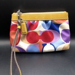 COACH Multicolor Signature Print Top Zip mini Wristlet GOOD