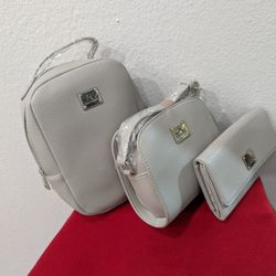 Jessica Moore Light Grey Mini Backpack Mini Purse & Wallet Faux Leather Bundle