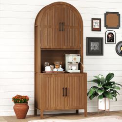 Oubayajia 75.8" Tall Arched Kitchen Pantry Storage Cabinets with Fluted Doors and Adjustable Shelves, Freestanding Cupboard for Kitchen, Dining Room a