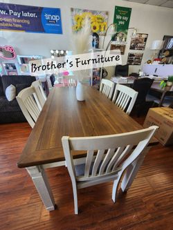 Diming Set 7 Pc Antique White finish, Light Brown Top. Fabric. New Especial price