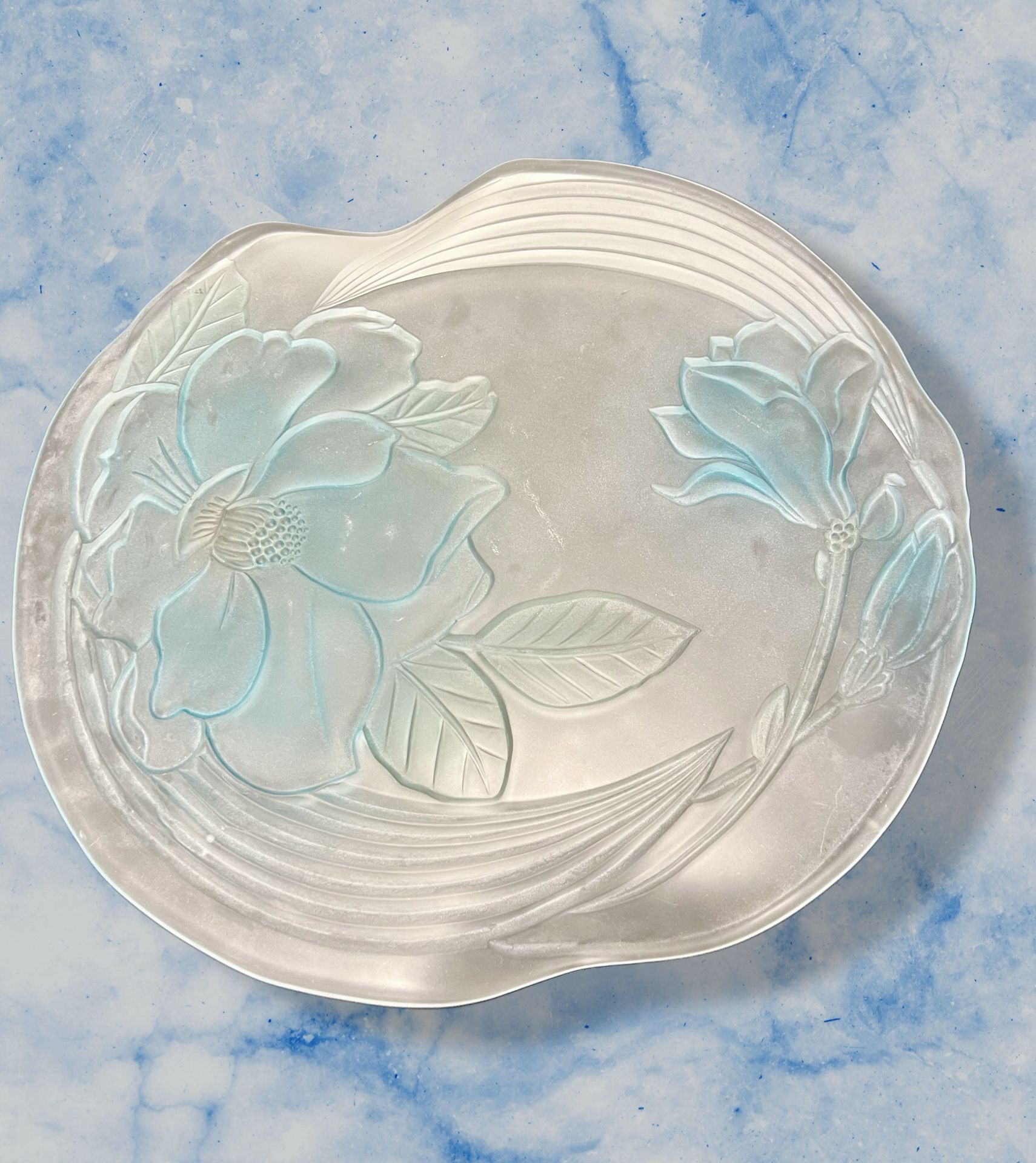 Walther Glass Germany 1970s Frosted Blue Hyacinths Floral Plate, 14.5”