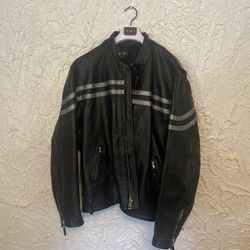 SIZE 52 Vintage Cafe Motorcycle Jacket Black Leather Silver Racing Stripes 