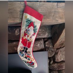 BEAUTIFUL! Vintage NeedlePoint Christmas Stocking Old World Santa 20”