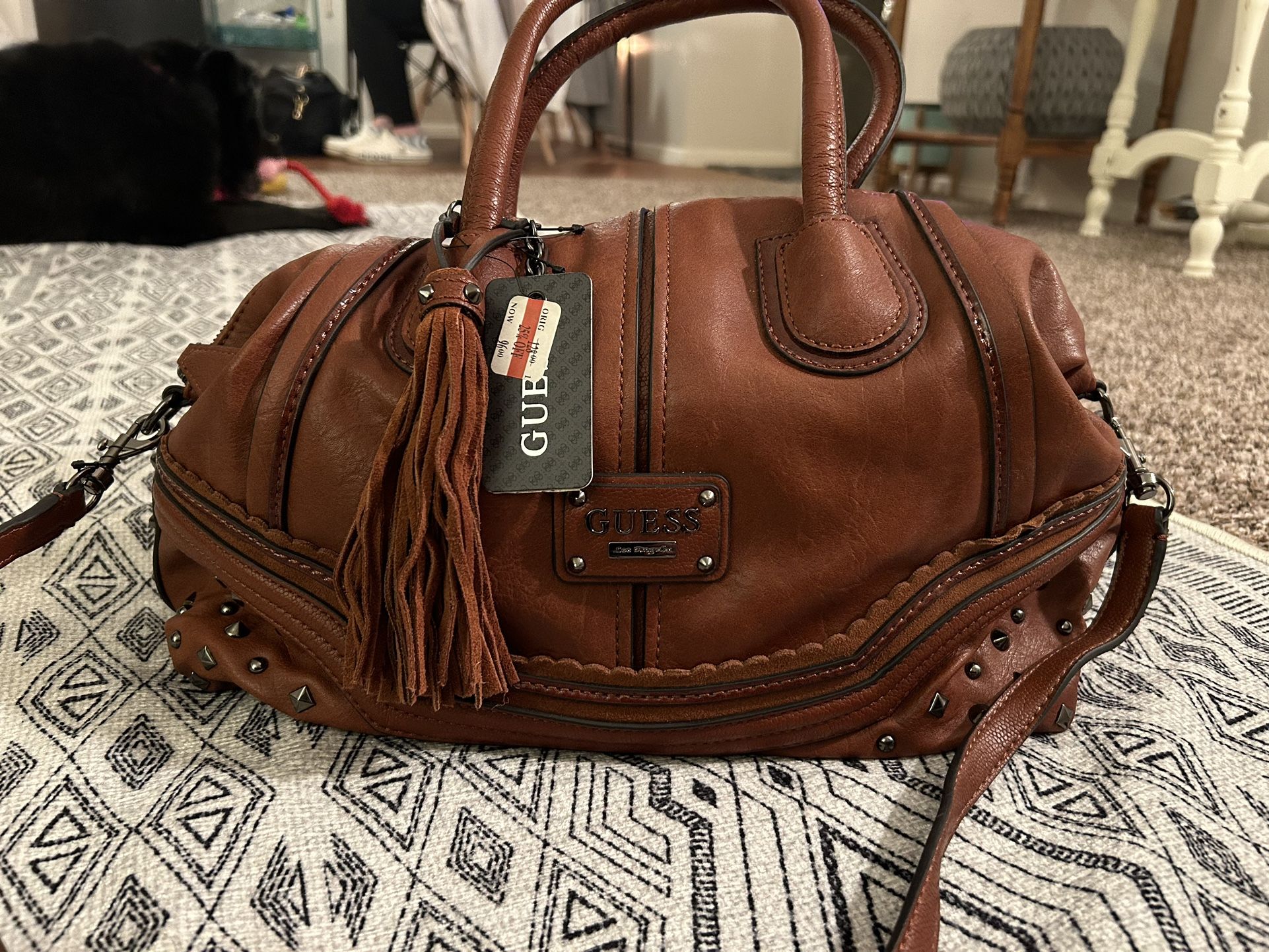 Guess Brown Leather Purse w/ Studs & 2 Straps
