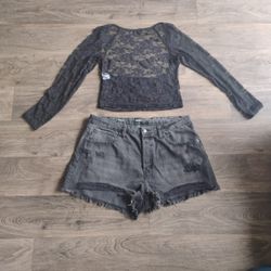 Black See-through Rose Lace Shirt And Black Shorts