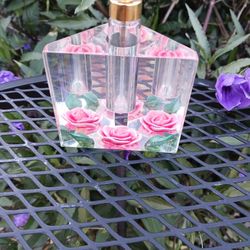 BRAND NEW PERFUME BOTTLE WITH ATOMIZER,  HANDCARVED PINK ROSE AND GREEN LEAVES,  BIRCRAFT ORIGINALS COMPANY 