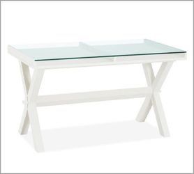 POTTERY BARN - AVA GLASS DISPLAY WOOD DESK - ANTIQUE WHITE