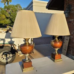 Pair Of Wood And Brass Lamps.33"×17"