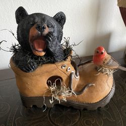 Bear in a Boot Birdhouse, Outdoor Rustic bird Feeder