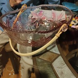 Vintage Mikasa Glass Fruit Basket Bowl With Bamboo Handle 