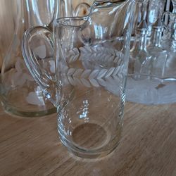 12 VINTAGE PIECES, HAND BLOWN, ETCHED, EMBOSSED, PITCHERS, CRUTS, VASE, BOWL AND MORE