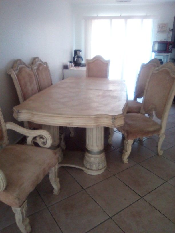 Antique XV French Style Dining Table Set W/ 6 Chairs