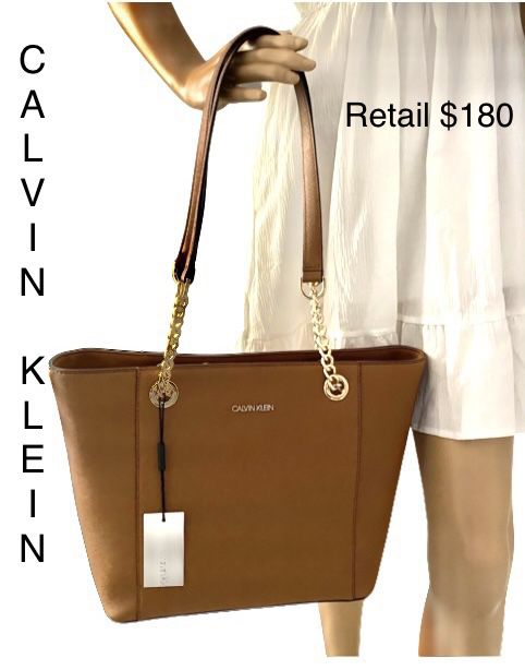 Calvin Klein Hayden Leather Tan Gold Hardware Top Zip Chain Tote LARGE NWT  for Sale in Frankfort, IL - OfferUp