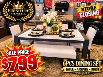 6-Piece Dining Set Table, 4 Chairs & Bench