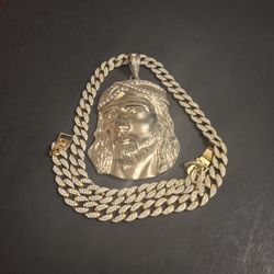 Iced Out 30" Gold Plated Cuban Link Chain With Stunning Large Gold Plated 3D Jesus Pendant Adorned With Rhinestones 4.5"x3.5- Exquisite!