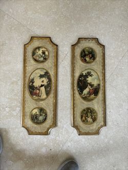Set of 2 Victorian Florentine Plaques Made in Italy Vintage Gilt Wood Wall Art