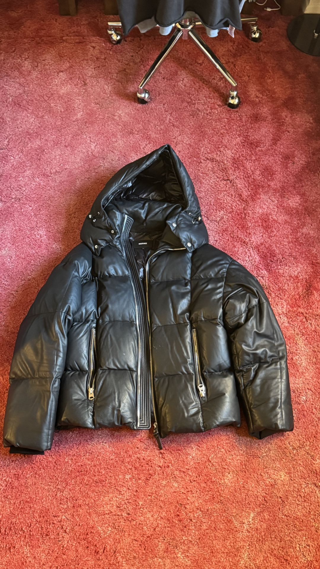 Mackage Mikko Men's Black Hooded Leather Down Parka Jacket Size 36