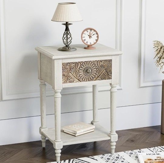 HOMPUS End Table with Drawer and Shelf, Vintage Nightstand with Pattern Drawer, Wood Grain Bedside Table, Modern Side Table Small Accent Nightstand