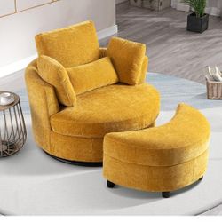 BRAND NEW! MUSTARD YELLOW SWIVEL LOUNGE CHAIR W/ Matching Table Ottoman