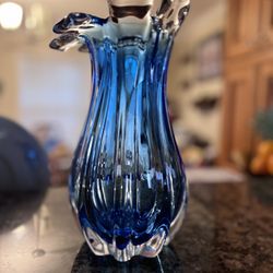 Alfredo Barbini Murano Cobalt Blue Ribbed Italian Art Glass Mid Century Vintage Flower Vase