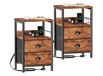 (8888-0) Furologee Nightstand Set of 2, Rustic Brown, with Charging Station and USB Ports, Side Tables with 2 Fabric Drawers, Bedside Tables with Stor