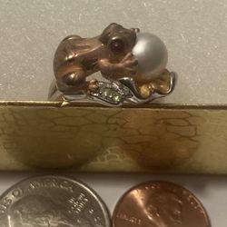 Vintage Sterling Silver Ring Size 8, Frog And Pearl