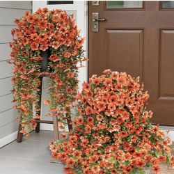 29" Artificial Hanging Flowers Potted Plants - 2 Set for Outdoor Fall Decoration,Faux Petunia with Fake Eucalyptus for Outside Front Door Garden Farmh