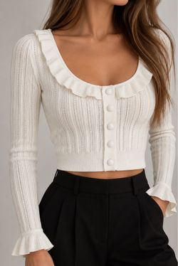 For Love & Lemons White Ruffle Knit Cropped Cardigan