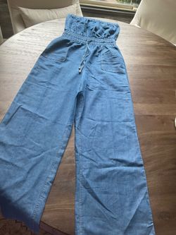 Women’s Blue wide leg jumpsuit pants with drawstring waist, size L