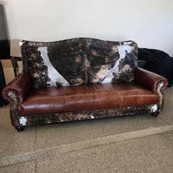 Rustic Western Leather & Cowhide Sofa