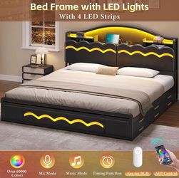 King Bed Frame with 12 Drawers & Storage Headboard, King Upholstered Bed Fame with LED Lights & Charging Station, Black PU