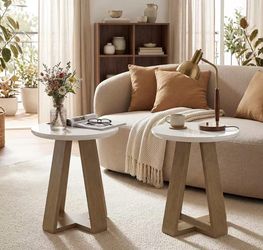 RY0438 new assembled Round Side Table, Small End Table for Living Room (2, Brown and White)