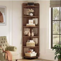 New assembled 6-Tier Tall Corner Shelf, 71-Inch Rustic Narrow Corner Bookshelf Bookcase with Square Rack, Freestanding Corner Display Storage Shelf Or