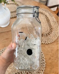 Large Vintage Glass canister with glass chess pieces. Great book self  decor !
