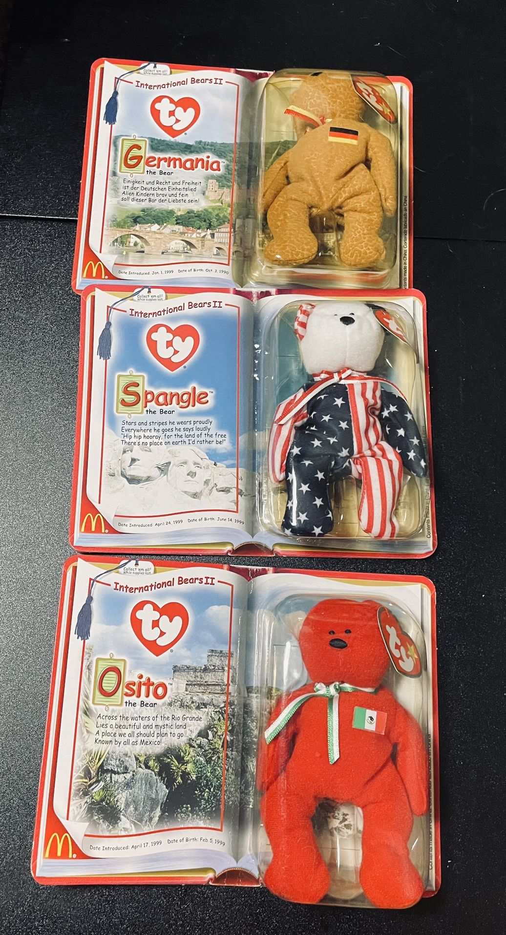 TY beanie babies in original packaging " international bears" trio set 