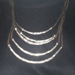 Chocolate Brown Leather With Silver Tone Necklace Five Strands