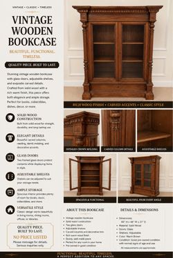 Vintage Solid Wood Bookcase with Glass Doors