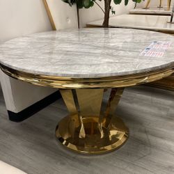 Round Dining Table - 50” Gray Marble Top / Gold Base
