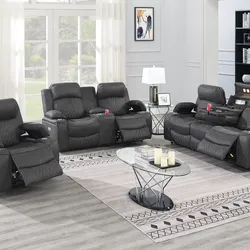Brand New Grey Super Plush Leather Power Reclining 3pc Sofa Set