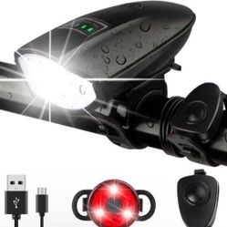 2 packs 1400LM USB rechargeable bike headlight & tail light set w/ horn 3 Lighting Modes